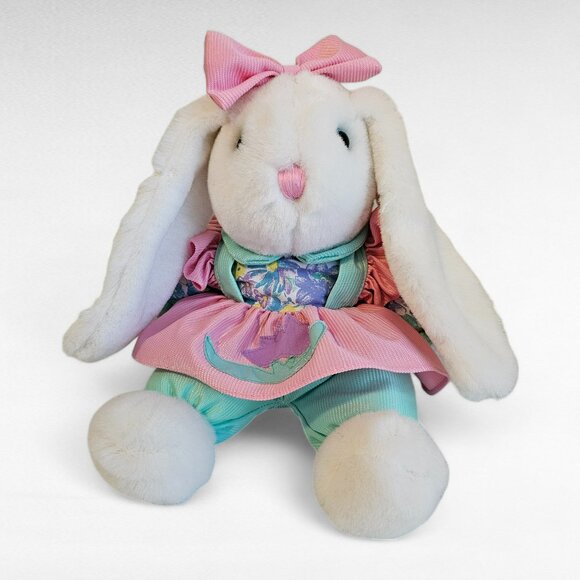 Main Joy Limited Bunny Rabbit Plush Stuffed Animal White Pink Teal Floral Vtg - Picture 1 of 10